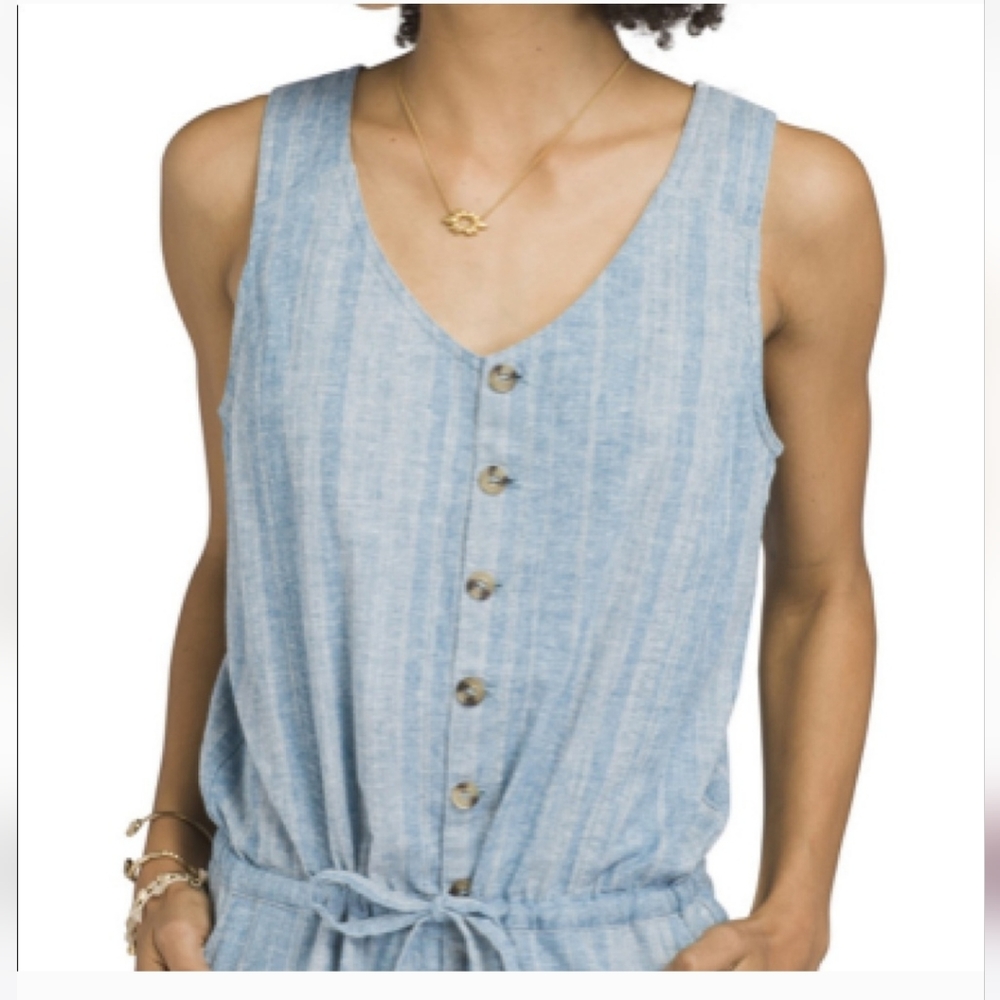 Prana Wayferers Striped Jumpsuit Romper Hemp Organic Cotton Blend Blue S… - Picture 5 of 11